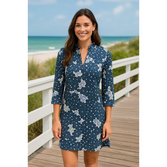 Mahi Gold Floral Print Dress 3/4 Sleeve Split Neck Tunic Style  Size Large - Picture 1 of 7